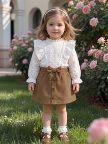SHEIN Vintaside Kids Ensemble Chemisier Petite Fille Avec Jupe Courte Et Ceinture, Tenue Simple Et Élégante Pour Les Saisons De Printemps Et D'automne - Multicolore - Voir 11