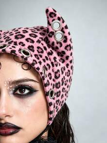 ROMWE Goth 1 chiếc mũ trùm đầu phong cách punk họa tiết da báo hồng, mũ trang trí sừng quỷ rỗng kim loại Y2K, mũ tai mèo mỏng bốn mùa - Mẫu báo màu hồng - Xem 6