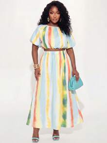 Poshavie Poshavie Ensemble 2 pièces grande taille pour femme, top court bleu clair à manches bouffantes et jupe longue taille haute, style bohème décontracté élégant, pour vacances et tenue quotidienne - Jaune citron - Voir 6