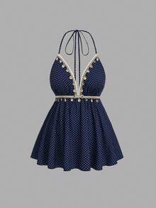 Sweetra Women's Summer Bohemian Camisole, Brown Polka Dot Ruffle Hem Shirt With Shell Sequin Decor, Deep V-Neck Beach Gym Top - Navy Blue - View 5