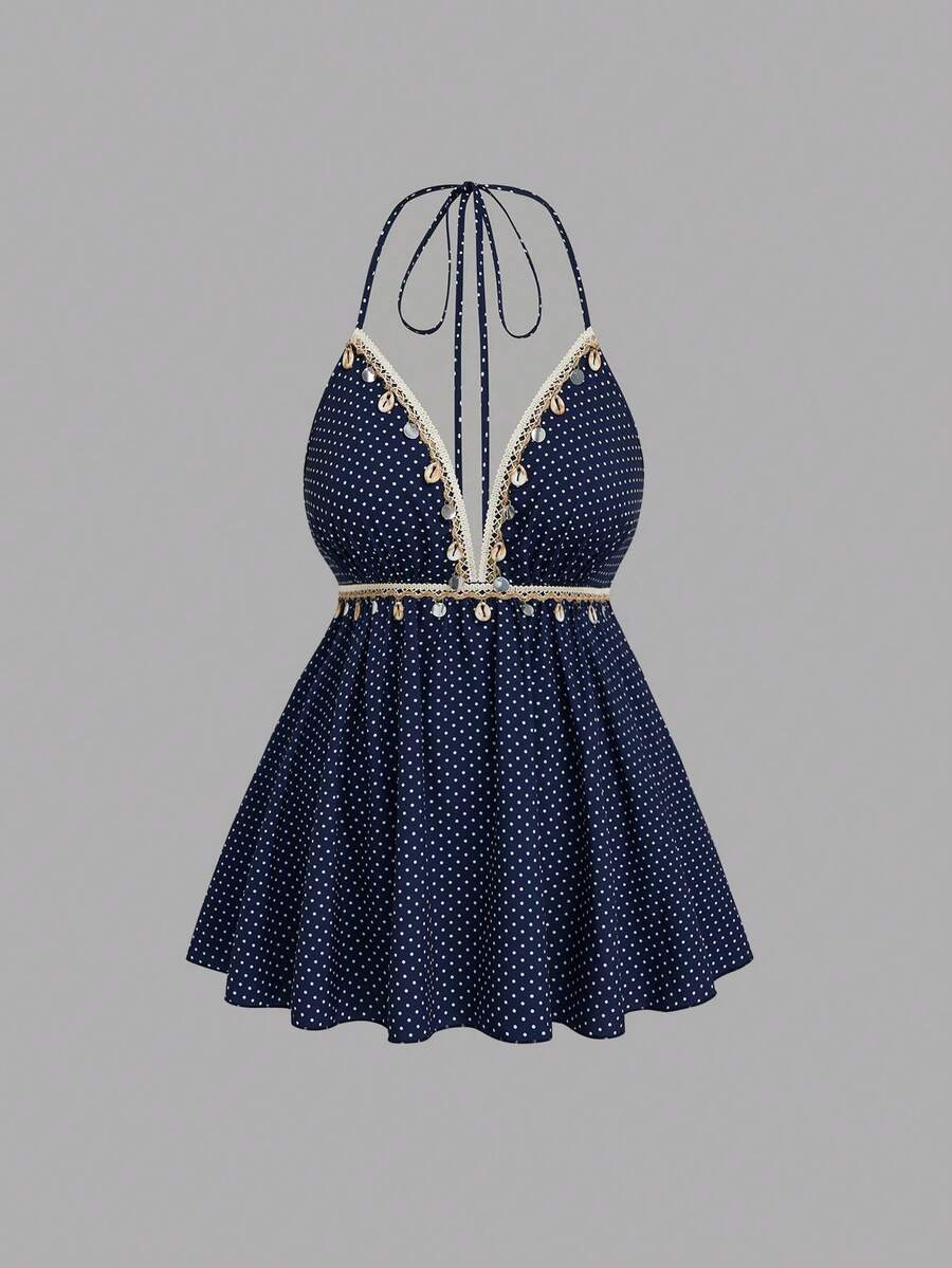 Sweetra Women's Summer Bohemian Camisole, Brown Polka Dot Ruffle Hem Shirt With Shell Sequin Decor, Deep V-Neck Beach Gym Top - Navy Blue - View 1