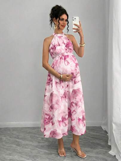 Momance Maternity Halter Waist Tie Dye Print Maxi Dress