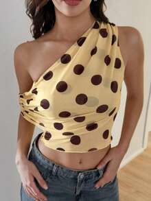 Glamine Blusa de punto amarillo crema sexy con un solo hombro simple para todas las estaciones - Amarillo - Ver 2