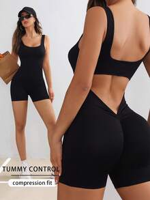 Sirith Mono de tirantes de unicolor simple para mujer, conjunto deportivo de gimnasio para mujer - Negro - Ver 3