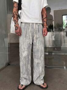 STEELVANCE Pantalones casuales rectos y sueltos con estampado asimétrico, bolsillos y cordón para hombres - Gris - Ver 3