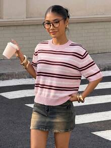 Muchica Áo dệt kim tay ngắn cổ tròn kẻ sọc hồng dáng thường ngày dành cho nữ, thích hợp cho mùa hè. - Nhiều màu - Xem 4