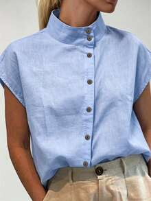 Zayélia Women's Summer Casual Vacation Commute Vacation Solid Color Mandarin Collar Cap Sleeve Button Front Shirt Light Blue - Blue - View 3