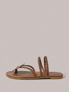 Styleloop Giày nữ màu nâu đan dây có hoa, sandal La Mã đế bệt cho mùa hè và đi du lịch - màu nâu - Xem 2