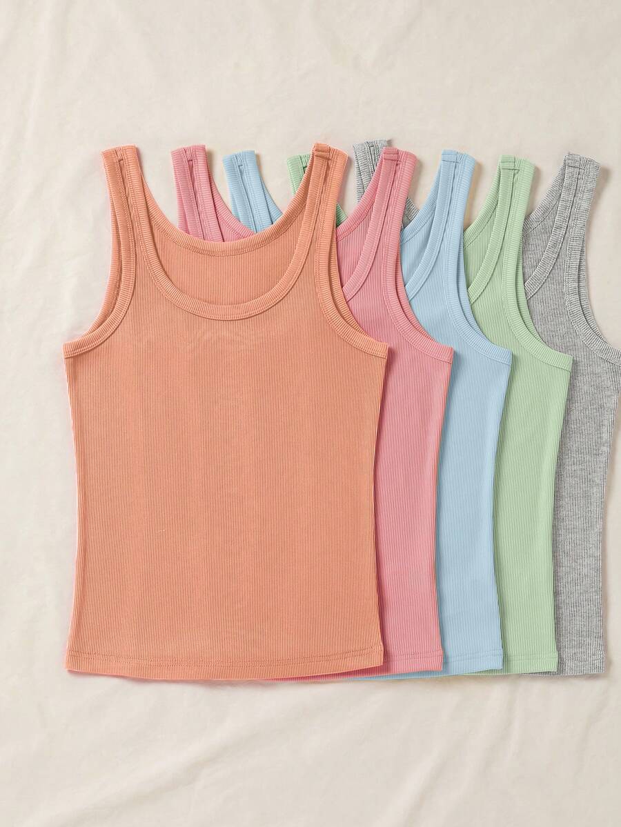 SHEIN LUNE Women's Minimalist Solid Color Round Neck Ribbed Tight Camisole, Summer - Multicolor - View 1