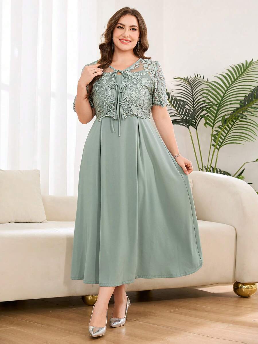 SHEIN Clasi Plus Size Women Jacquard Front Tie Short Sleeve Top And Dress Elegant 2-Piece Set Gym Brown Summer - Green - View 1