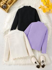 Emery Rose Kids Emery Rose Kids 3件套女童休闲基础款纯色罗纹荷叶边高领针织修身T恤套装，秋冬款 - 彩色 - 查看 2