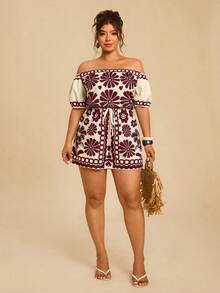 Travachic Plus Size Women's Blue & White Floral Print Romper, Off-Shoulder Short Sleeve Cinched Waist Jumpsuit, Casual Holiday Island Vacation Jumpsuit - Burgundy - View 4
