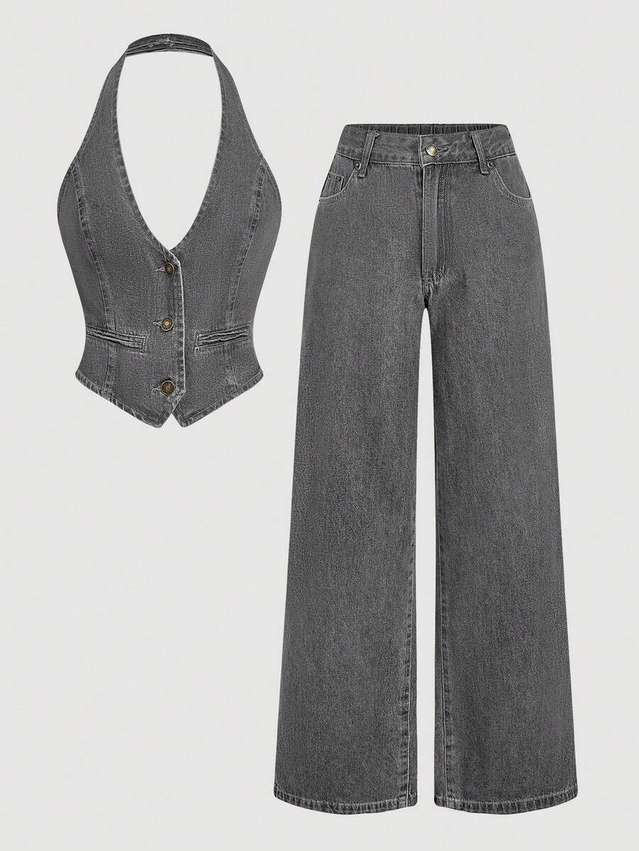 Sweetra Intellektueller und eleganter Damen Jeans-Outfit - Grau - Übersicht 1