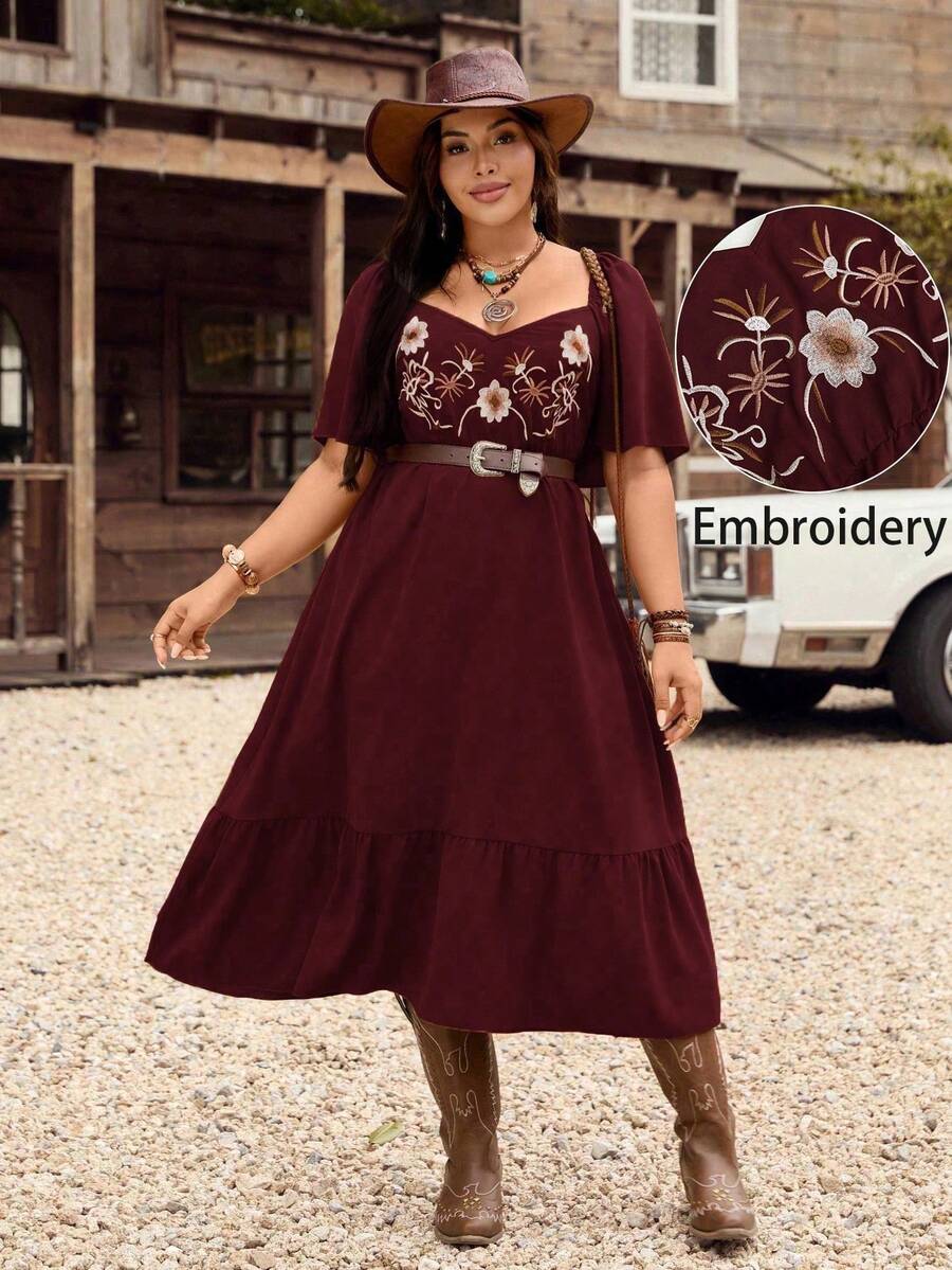 LanaWest CURVE Vestido casual de vacaciones de talla grande para mujer, de primavera/verano, de unicolor, con bordado, cintura con cordón, mangas con volantes y bajo con volantes - Burdeos - Ver 1