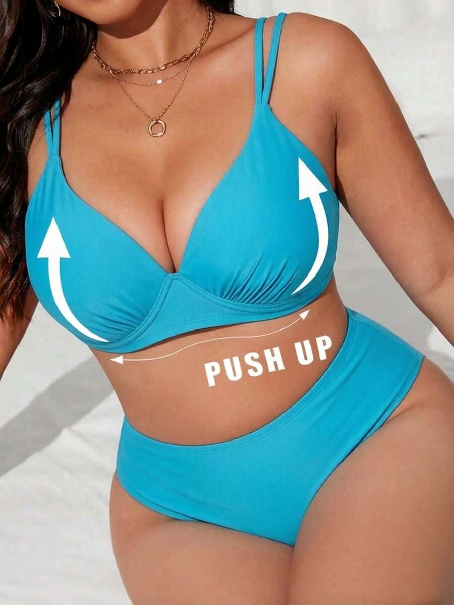 SHEIN Swim Curve 大码女式新款纯色硬杯钢圈高腰比基尼套装，可调节肩带，优雅时尚性感休闲度假沙滩泳装 - 水鴨藍 - 查看 1