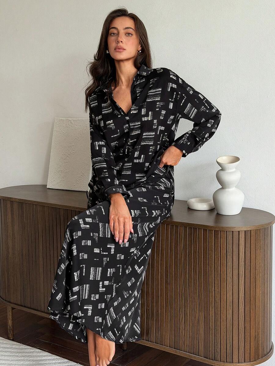 Livesso Women's Geometric Print Long Sleeve Top And Mini Skirt Pajama Set - Black - View 1
