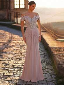 Glamrae Rochie elegantă și luxoasă, cu mâneci decupate, brodate cu mărgele, cu imprimeu de plasă și elastic, în formă de coadă de pește, potrivită pentru nuntă, petrecere, sărbătoare, rochie de seară (rezistentă) - Roz praf - Vizualizare 5