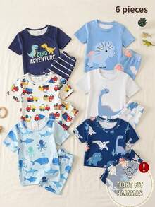 SHEIN Playful Pals 6pcs/Set Young BoyCartoon Galaxy & Ocean Animal Print Snug Fit T-Shirt And Shorts Pajama Set - Multicolor - View 3