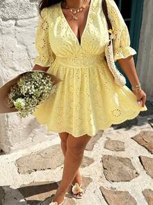 Vestido elegante de vacaciones de primavera/verano para mujer con cuello en V, mangas abullonadas, bordado, textura, botones, volantes en la cintura, talla grande - amarillo ganso - Ver 8