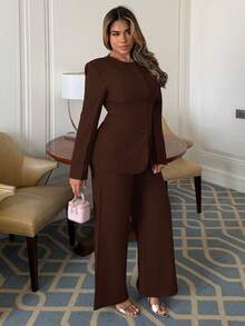 Maria Perezxox Conjunto de blazer y pantalones de un solo abotonado de unicolor simple para mujer, adecuado para el trabajo y el transporte - Café integral - Ver 4
