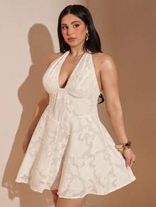 SHEIN BAE Plus Size Women's White Halter A-Line Backless Elegant Summer Dress Brunch - White - View 8