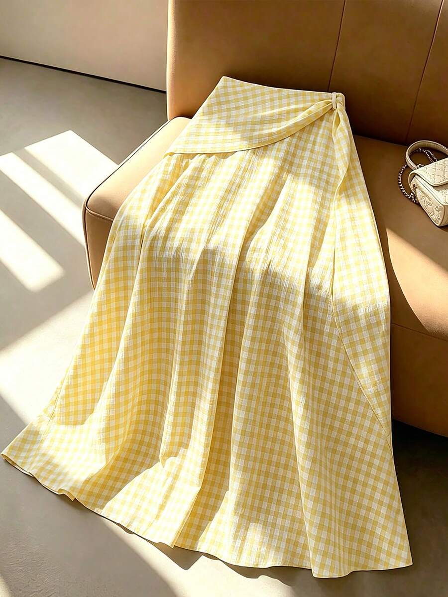 Selianne 女士浅黄色泡泡纹理面料高设计褶裥拼接喇叭裙,休闲度假风,适合情人节、复活节、劳动节、生日、约会、派对、海滩、旅行、春夏等场合。 - 淡黃色 - 查看 1