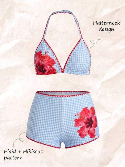 Bộ đồ bơi Tankini cho bé gái/thiếu niên, họa tiết hoa dâm bụt kẻ caro xanh dương, phối màu vỏ sò, áo crop top hai dây hở lưng và quần short cạp thấp, trang phục đi biển mùa hè.