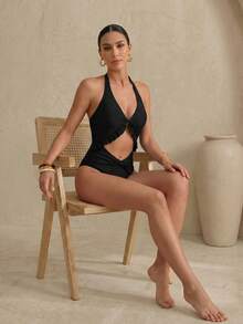 Anewsta 1 pièce Maillot de bain une pièce style col ras-du-cou de couleur unie pour femmes, mode pour l'été - Noir - Voir 7