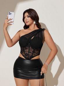 Viva Relle Plus Size Women's Black Lace Hollow-Out Avant-Garde French Chic Elastic Knit Undershirt Dress,Summer 70's Night Out Club Party Social Outfit - Black - View 1