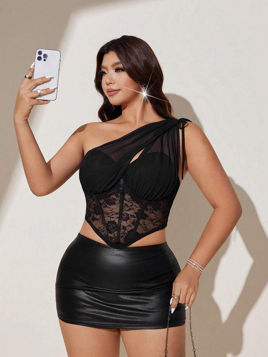 Viva Relle Plus Size Women's Black Lace Hollow-Out Avant-Garde French Chic Elastic Knit Undershirt Dress,Summer 70's Night Out Club Party Social Outfit - Black - View 1