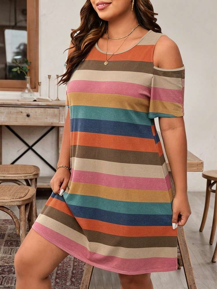 Plus Size Women Summer Casual Vacation Country Round Neck Striped Print Splice Casual Off Shoulder Party Dress,Country Concert Outfit,Festival Outfits For Women,Festa Junina,Flowy Dress,Boho Dress