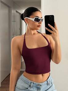 SHEIN ICON Áo không tay màu đỏ tía tối giản, phong cách thường ngày dành cho nữ, thích hợp cho mùa hè. - Màu Đỏ Sâu - Xem 4