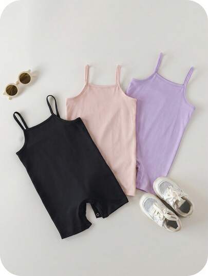 SHEIN Bộ 3 món áo liền quần cho bé gái mùa hè, màu trơn, dễ thương, co giãn.