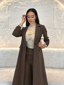 Shopreo Dark Grey Lapel Shoulder Long Suit Pants For Women - Coffee Brown - View 6
