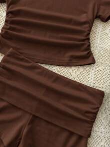 Ensemble pull col rond en tricot marron unicolore et short marron pour adolescentes, tenue d'été, basique, décontractée, sportive - Tabac - Voir 5