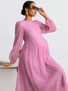 MaterniWear 孕妇休闲纯色纹理灯笼袖连衣裙 - 藍色 - 查看 6