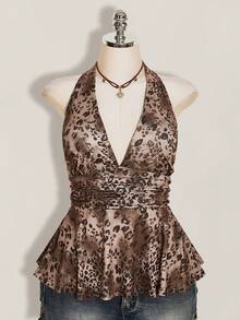 SHEIN ICON Plus Size Women's Chocolate Brown Summer 70's Leopard Print Top Y2K 80s 90s Retro Deep V Halter Neck Waist Gathered Loose Hem Night Brunch Party - Multicolor - View 4