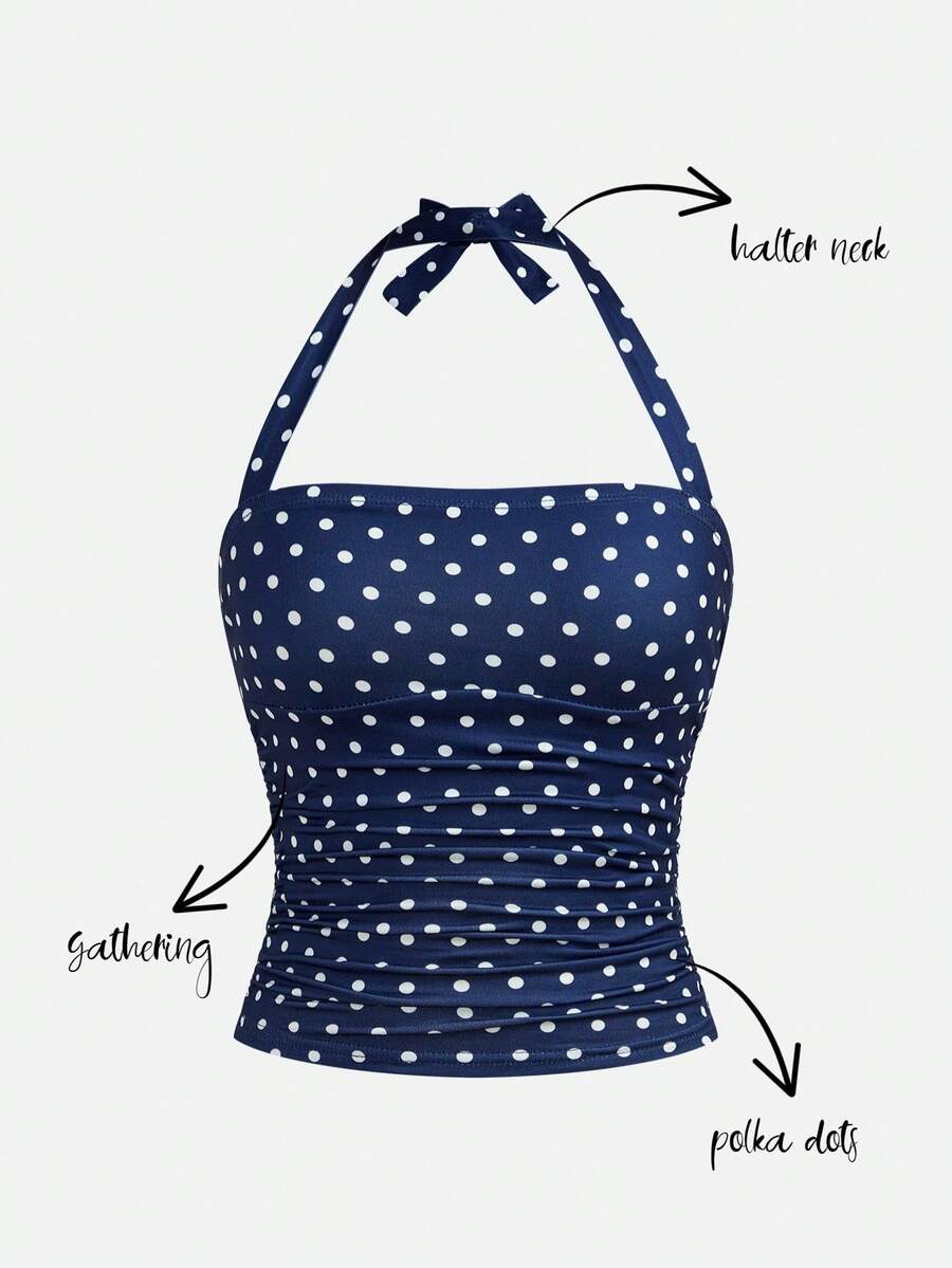 SHEIN Áo tank top dệt kim in chấm bi cho bé gái tuổi teen, kiểu dáng ôm sát với nơ chun, dễ phối đồ, phong cách thường ngày, đa năng, phù hợp cho mùa xuân/hè. - Xanh đậm - Xem 1