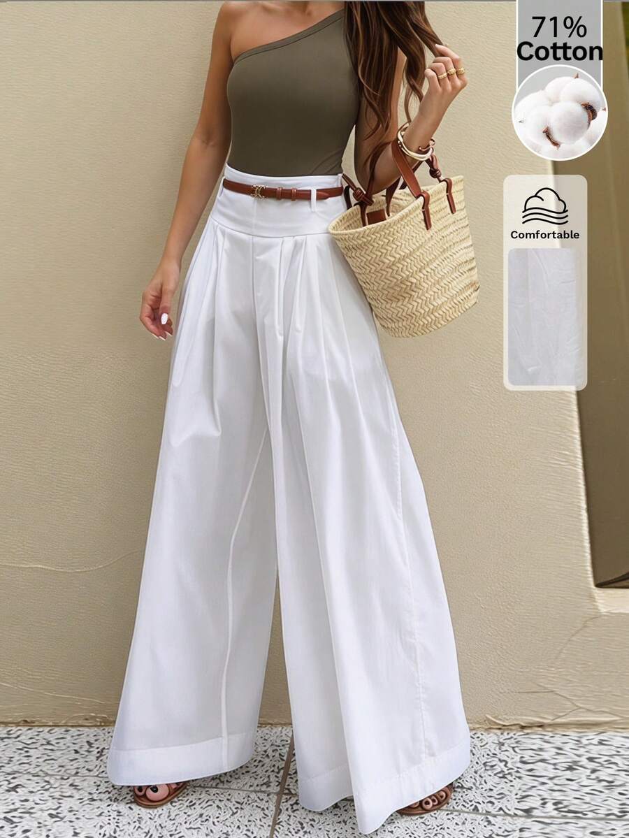 SHEIN PETITE Quần trắng cho mùa xuân và mùa hè: Lãng mạn, thanh lịch, thoải mái và hoàn hảo cho kỳ nghỉ. Phong cách, đa năng và tinh tế. Kiểu dáng cổ điển phù hợp cho việc đi làm. Thời trang và độc đáo. - trắng - Xem 1