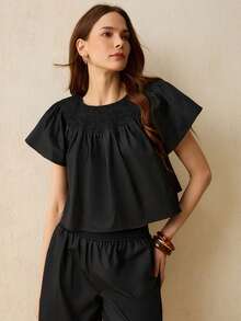 SURIMA Women's Solid Color Short Sleeve Round Neck Fitted Top - Black - View 4
