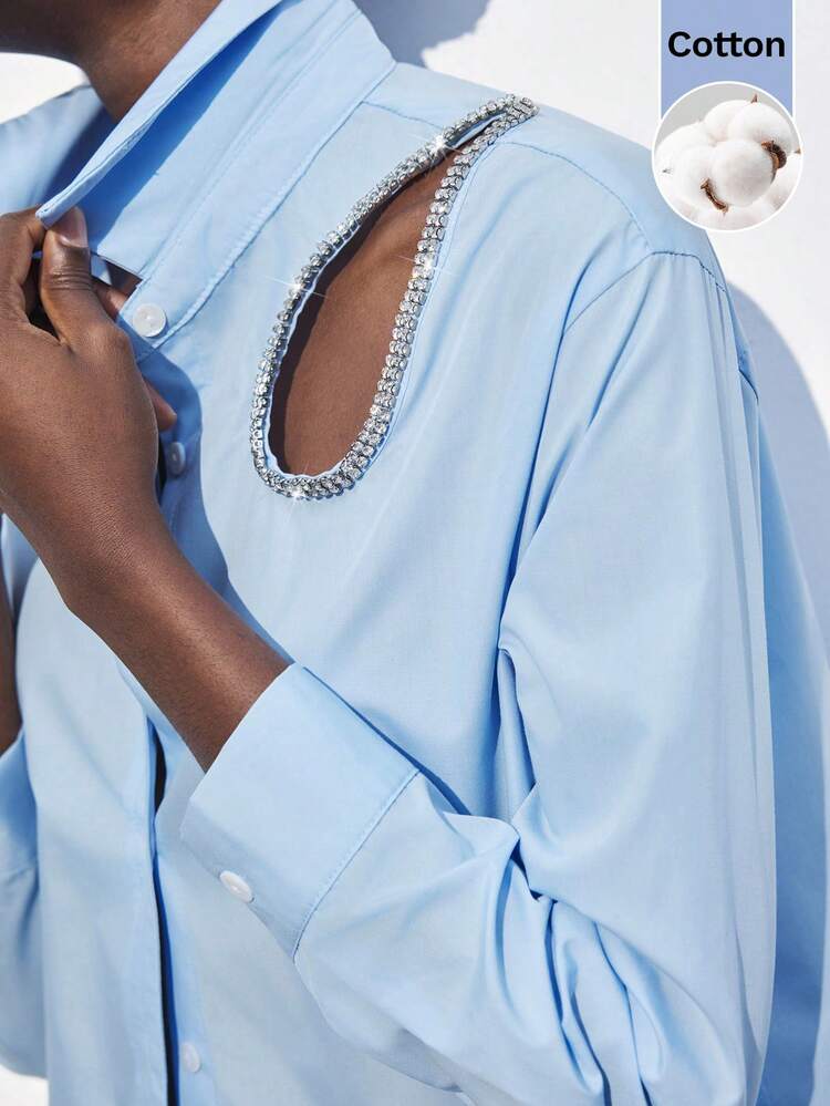 SHEIN Maija Light Blue Autumn Chic Everyday Women's Sparkling Diamond Hollow Shirt,Elegant Cotton Blouse For Office Wear,Business Formal Attire, Outfits