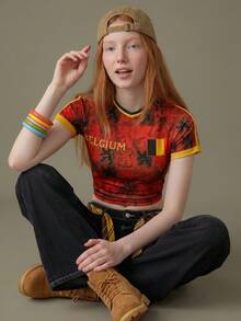 Elnivra 2026 Football World Cup Belgium Soccer Jersey Style Women's Cropped T-Shirt,Blue White Stripe,Summer,Streetwear,City Break Retro Fan Top Outfit - Multicolor - View 3