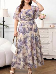SHEIN Clasi 大码女式碎花荷叶袖优雅连衣裙 - 紫色 - 查看 1