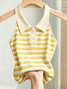 Franclia French Style Striped Backless Halter Neck Tank Top For Women, Summer, Slimming & Age-Reducing - Yellow - View 5