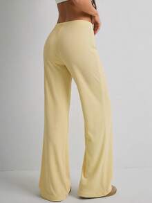 Pantalones casuales de pierna recta larga de unicolor para mujer con elasticidad media - Amarillo - Ver 2