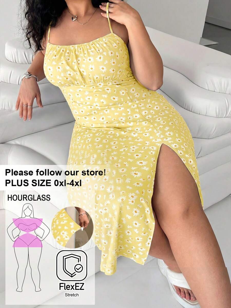 Solflare Plus Size Yellow Spaghetti Strap All-Over Print Split Hem Casual Dress - Yellow - View 1