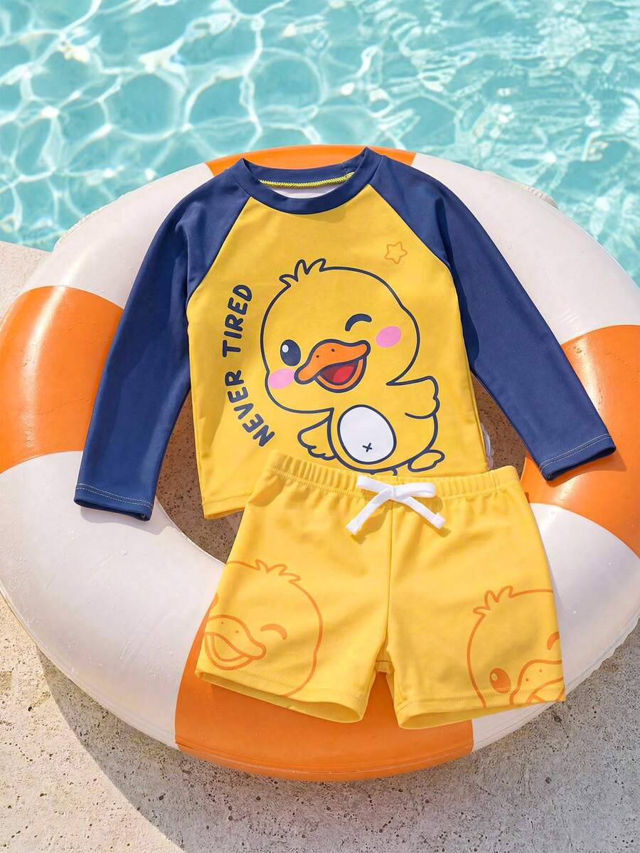 SHEIN 2pcs Baby Boy Knit Contrast Color Round Neck Cute Animal Pattern Casual Swimsuit Top And Swim Trunks Set - Multicolor - View 1