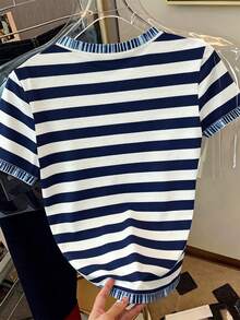 Resyla Women's Navy And White Denim Effect Round Neck Short Sleeve T-Shirt Vacation Summer Coastal Brunch Coastal Chic Casual - Multicolor - View 2