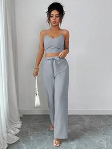 SHEIN PETITE 女款休閒純色高腰細肩帶背心與寬腿褲套裝，適合嬌小女性 - 淺藍色 - 查看 3