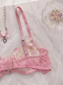 SHEIN MOD Sweet Girl Cute Pink Mesh Embroidered Thin Bra With Heart Rhinestone Decor, Silky Bow Tie Panty Ladies Lingerie Set - Pink - View 5
